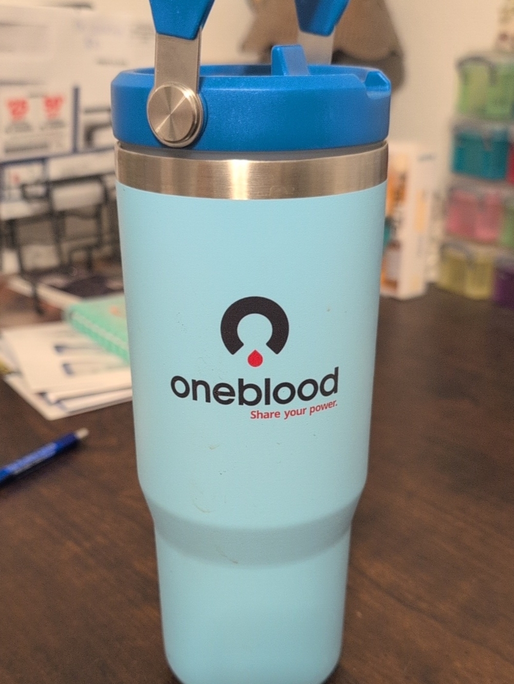 Light Blue Travel Tumbler with Flip Handle
